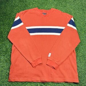 American Eagle Rust Orange V-Neck Knit Sweater Men’s M Preppy Rugby Stripe